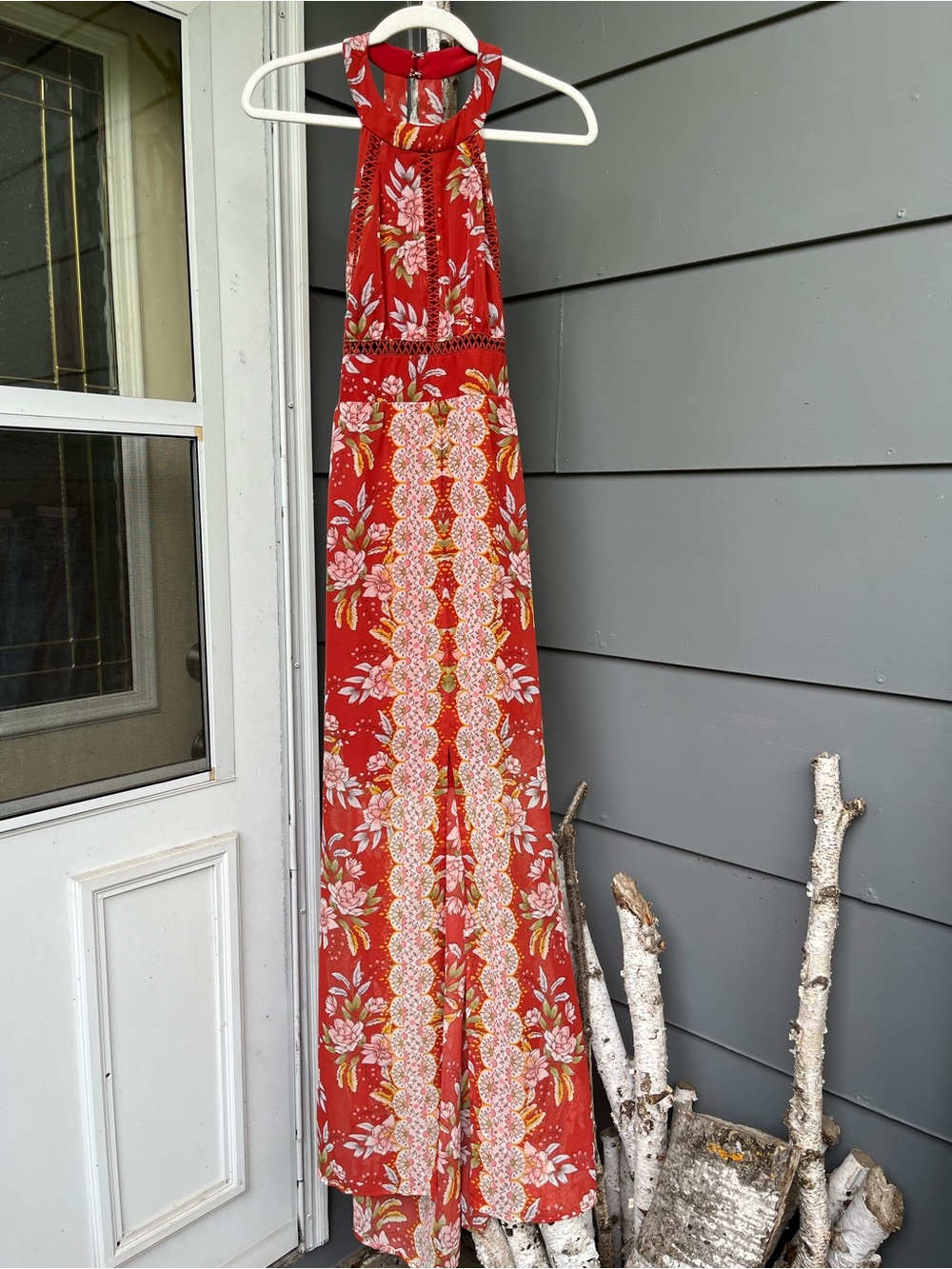 City Triangle Orange Floral Maxi Dress Vintage Inspired Pattern Halter Style M